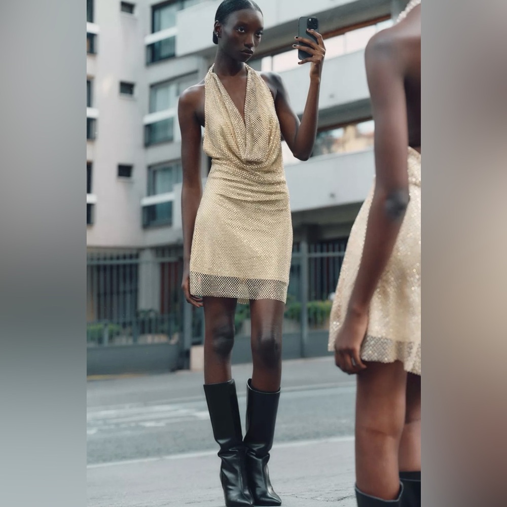 Zara Sparkly Gold Mini Halter Dress